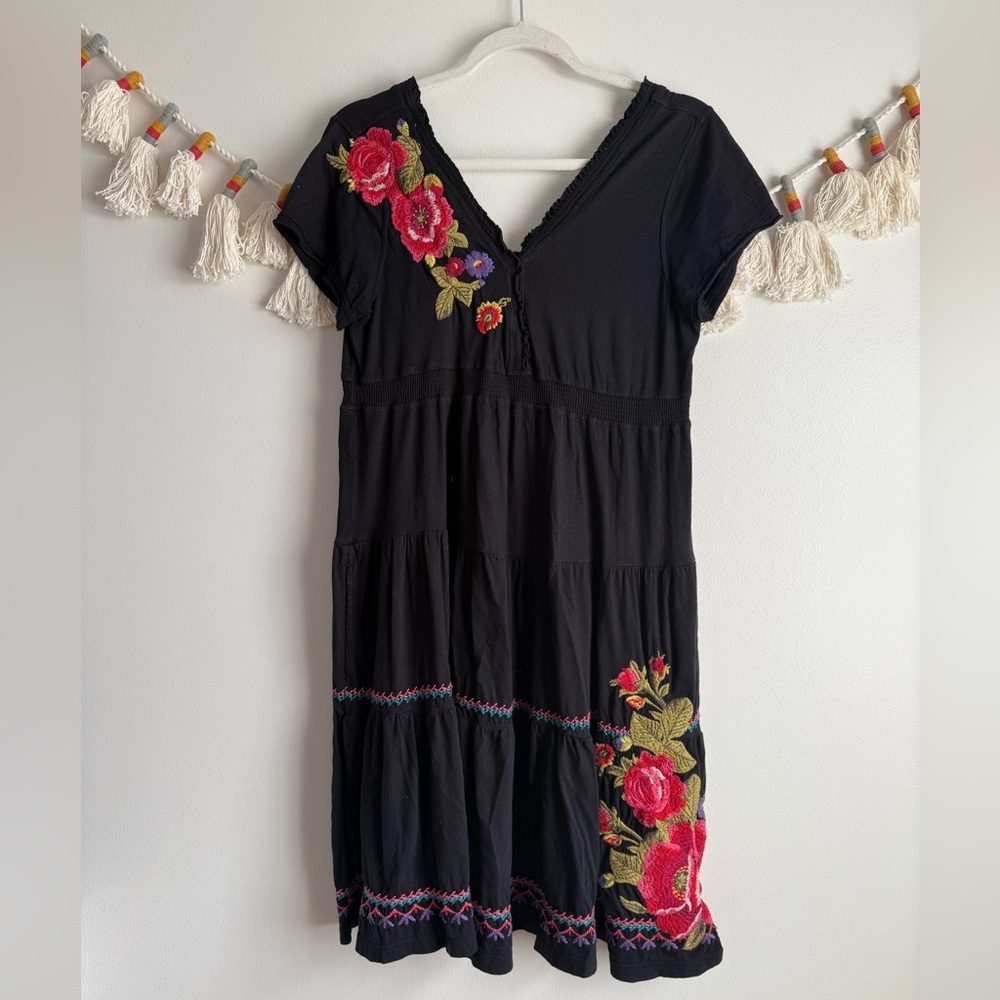 Johnny Was Black Mini Dress with Pink & Green Floral Embroidery